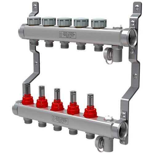 коллектор henco ufh mdss 1х3 4 2вых c клапанами с расходомерами сталь нерж компл в сборе Коллектор проходной регулируемый Royal Thermo НС-1080948, 1 ВР-3/4 НР, 2 выхода 2 1 1