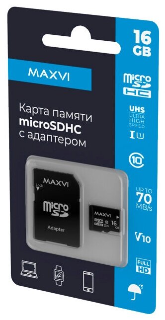 Карта памяти Maxvi microSDHC 16GB, class 10, UHS-I (1), V10, (MSD16GBC10V10) с адаптером