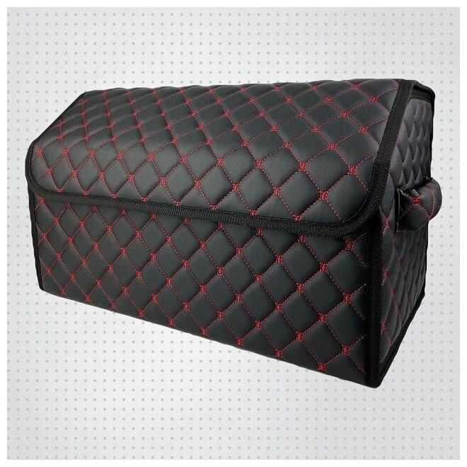 Сумка органайзер (Excellent) в багажник на липучке из ЭКО-кожи цвет чёрный с красной строчкой ромб (размеры 50 30 30 см)