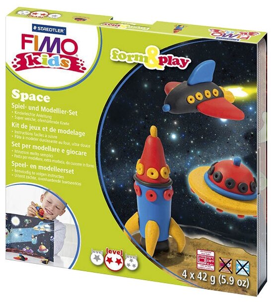 Полимерная глина FIMO Kids formplay Космос, 4 блока по 42 г, уровень сложности 2 (FIMO8034 09 LZ)