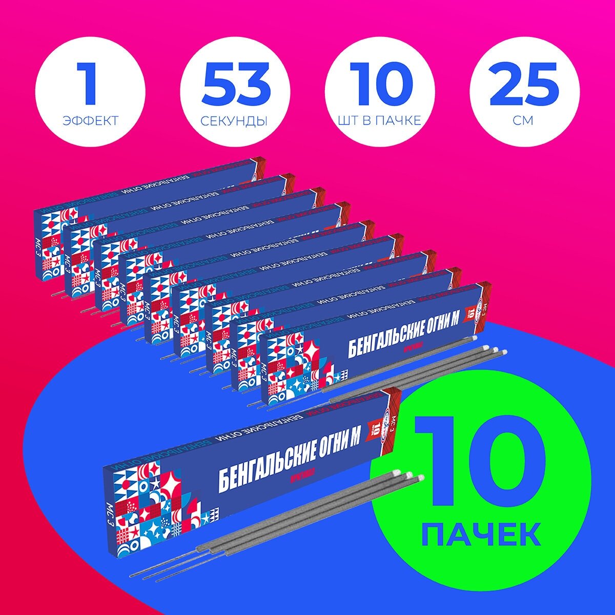 фото Бенгальские огни свеча длина 24.5 см (упаковка 10 штук) / комплект из 10 пачек - 100 бенгалок / МС3 Мегапир /