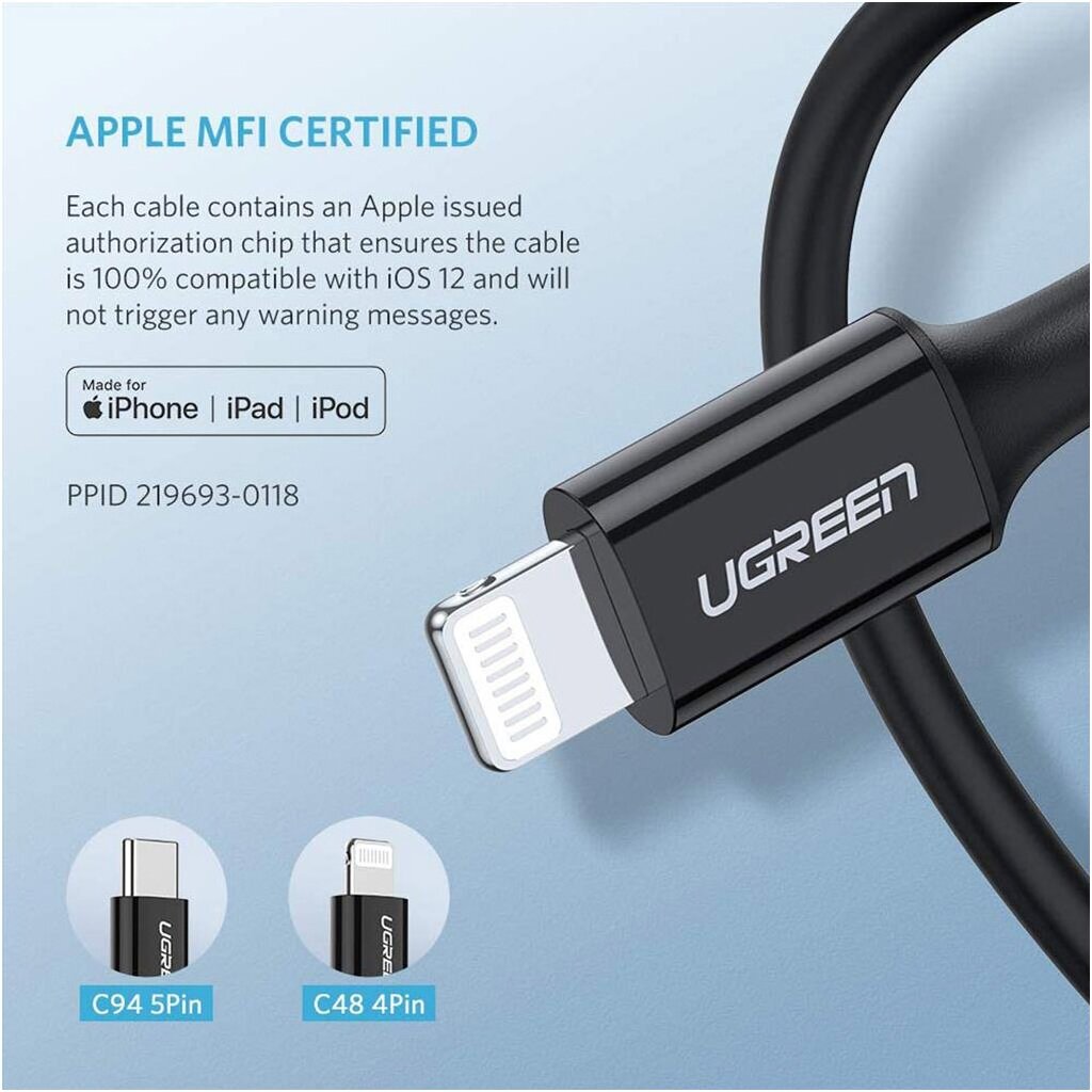 Кабель интерфейсный UGREEN USB-C to Lightning M/M nickel plating ABS shell, 1 м, черный - фото №6