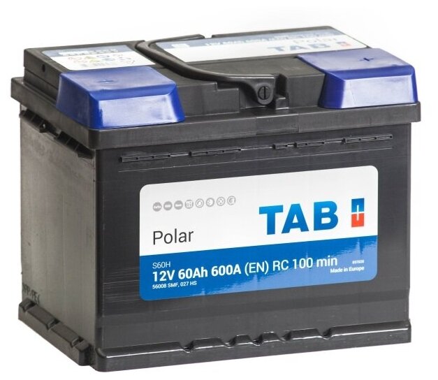 Аккумулятор автомобильный TAB POLAR S черный (необслуживаемый) 60Ah 600A 12В CA/CA обратная полярность (-) (+) 242x175x190 мм