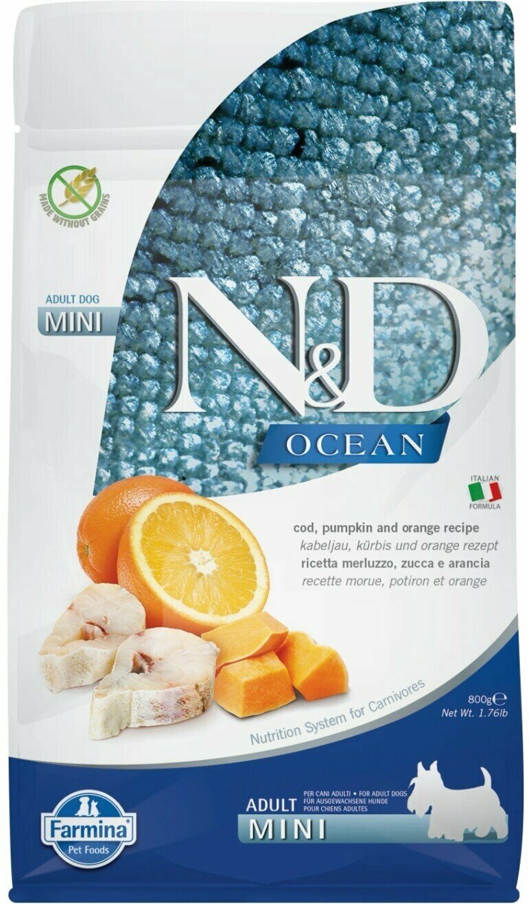 Сухой корм для собак Farmina N&D Ocean, беззерновой, треска, с тыквой, c апельсином 800 г (для мелких пород)