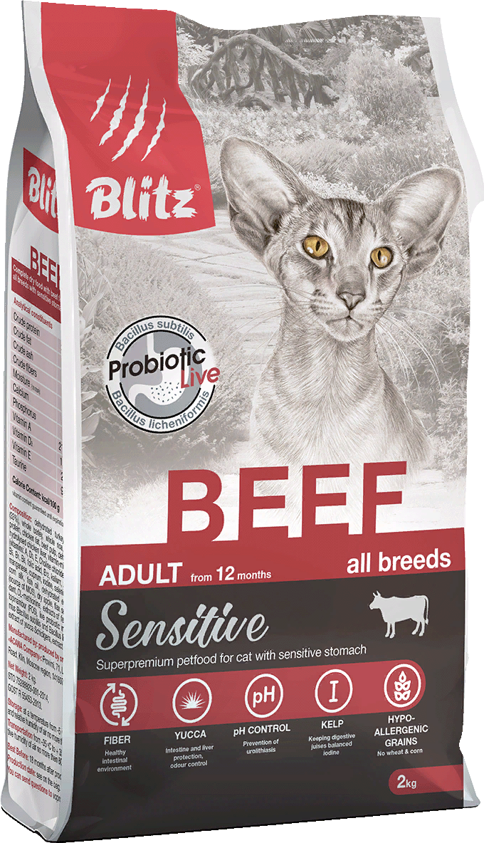 Сухой корм Blitz Adult Cats Sensitive сухой корм для взрослых кошек с говядиной 2 кг