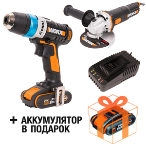 Фото Дрель-шуруповерт WORX AiDrill WX178.9 + УШМ WORX WX712 + ЗУ. WORX WA3880 + подарок: аккумулятор WORX WA3551