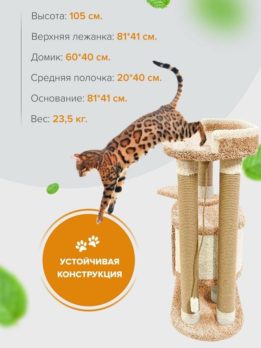 Когтеточка для кошек с домиком и лежанкой высокая "Феликс" персиковый - фотография № 2