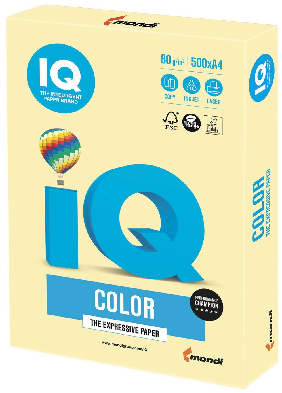 Бумага цветная IQ color, А4, 80 г/м2, 500 л., пастель, желтая, YE23