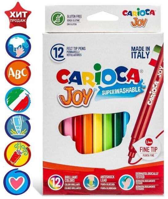 Фломастеры 12 цветов Carioca Joy, 2.6 мм, смываемые, увеличенный ресурс, суперяркие, европодвес