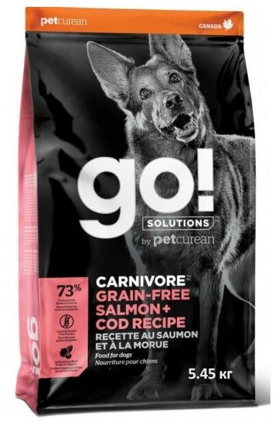 GO! Беззерновой для собак всех возрастов c лососем и треской (GO! CARNIVORE GF Salmon + Cod Recipe DF), 5.45 кг