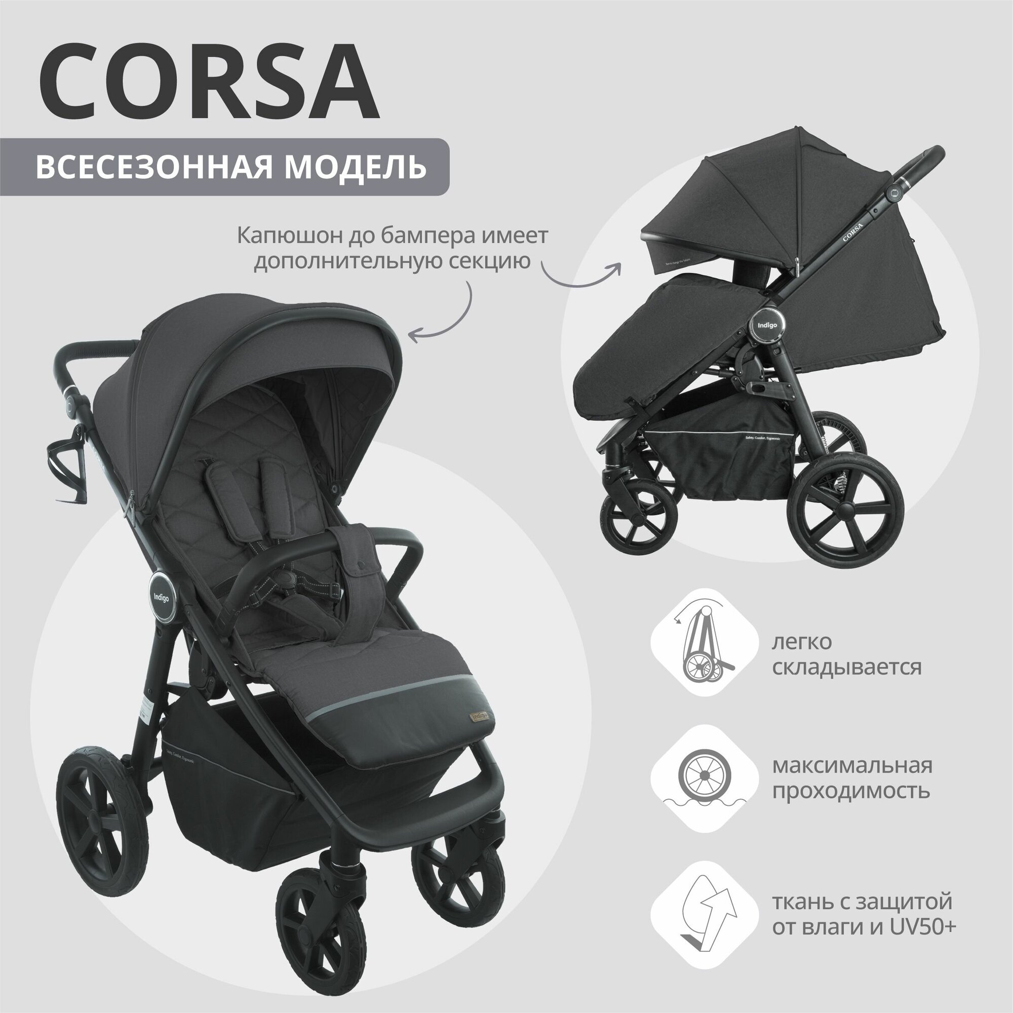 Коляска прогулочная Indigo CORSA, графит