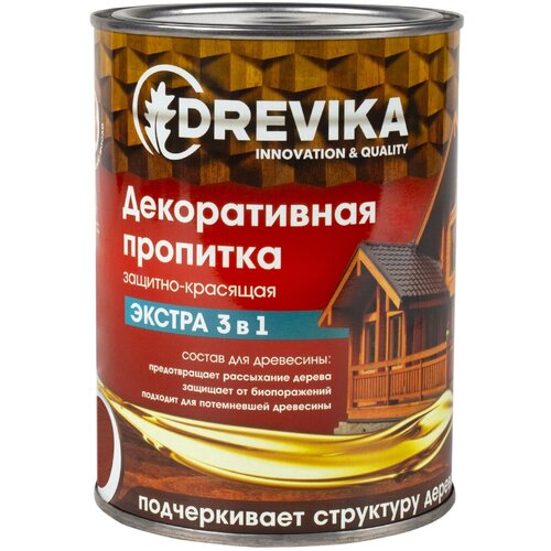 Декоративная пропитка для дерева Drevika Экстра 3 в 1, полуматовая, 0,8 л, каштан