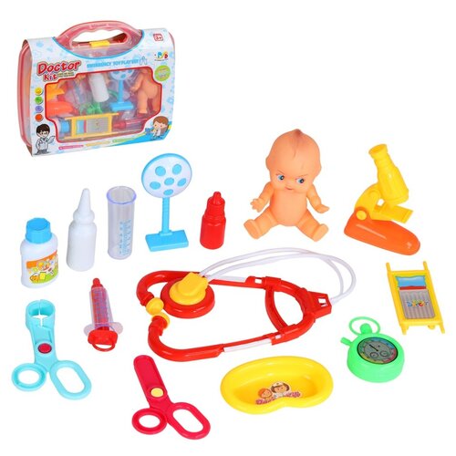 фото Игровой набор детский, для детей "доктор", пупс и 13 предметов, цвет красный, в/к 28х7х22 см компания друзей