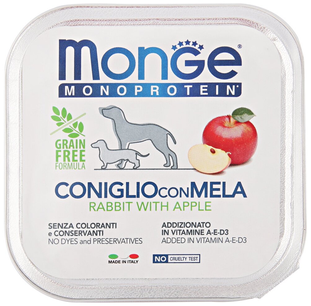 Влажный корм для собак Monge Dog Monoprotein CONIGLIO con MELA, беззерновой, кролик, с яблоком, 12 шт. х 150 г