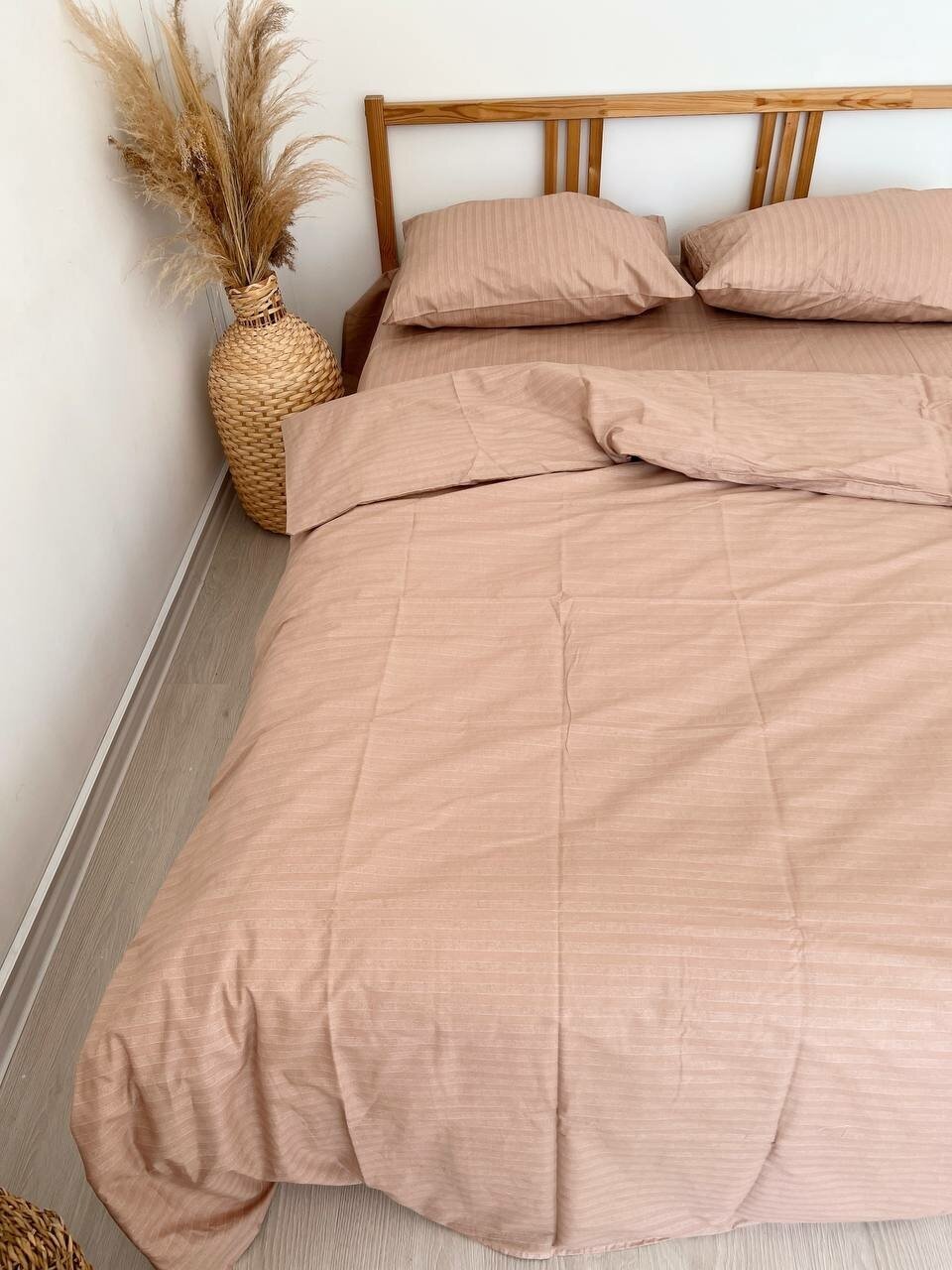 Хлопковое 2 спальное постельное бельё в полоску из ранфорса Caramel mousse - фотография № 4