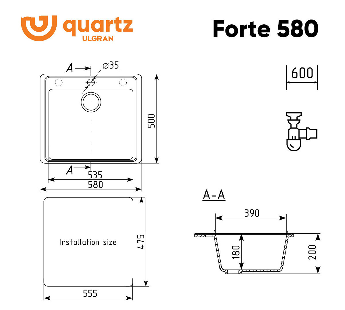 Мойка ULGRAN Quartz Forte 580-06 трюфель - фотография № 12