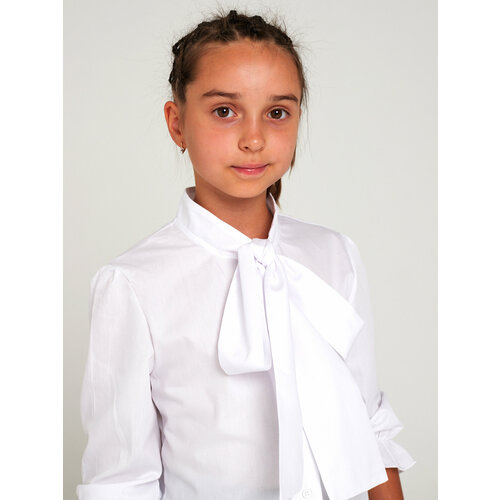 фото Школьная блуза kupifartuk, полуприлегающий силуэт, на пуговицах, укороченный рукав, без карманов, однотонная, размер 140, белый
