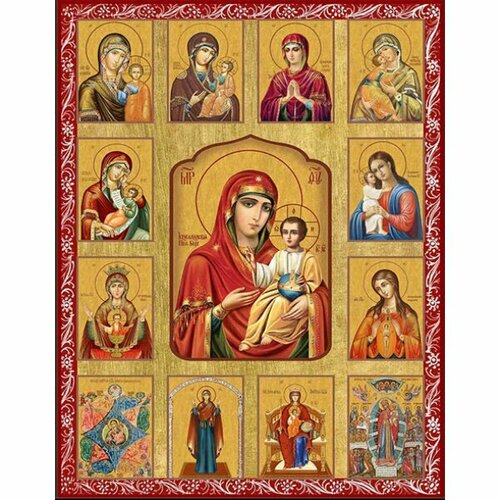 Храмовая икона Собор Богородичных икон с красной рамкой, арт ДМИХ-193-1