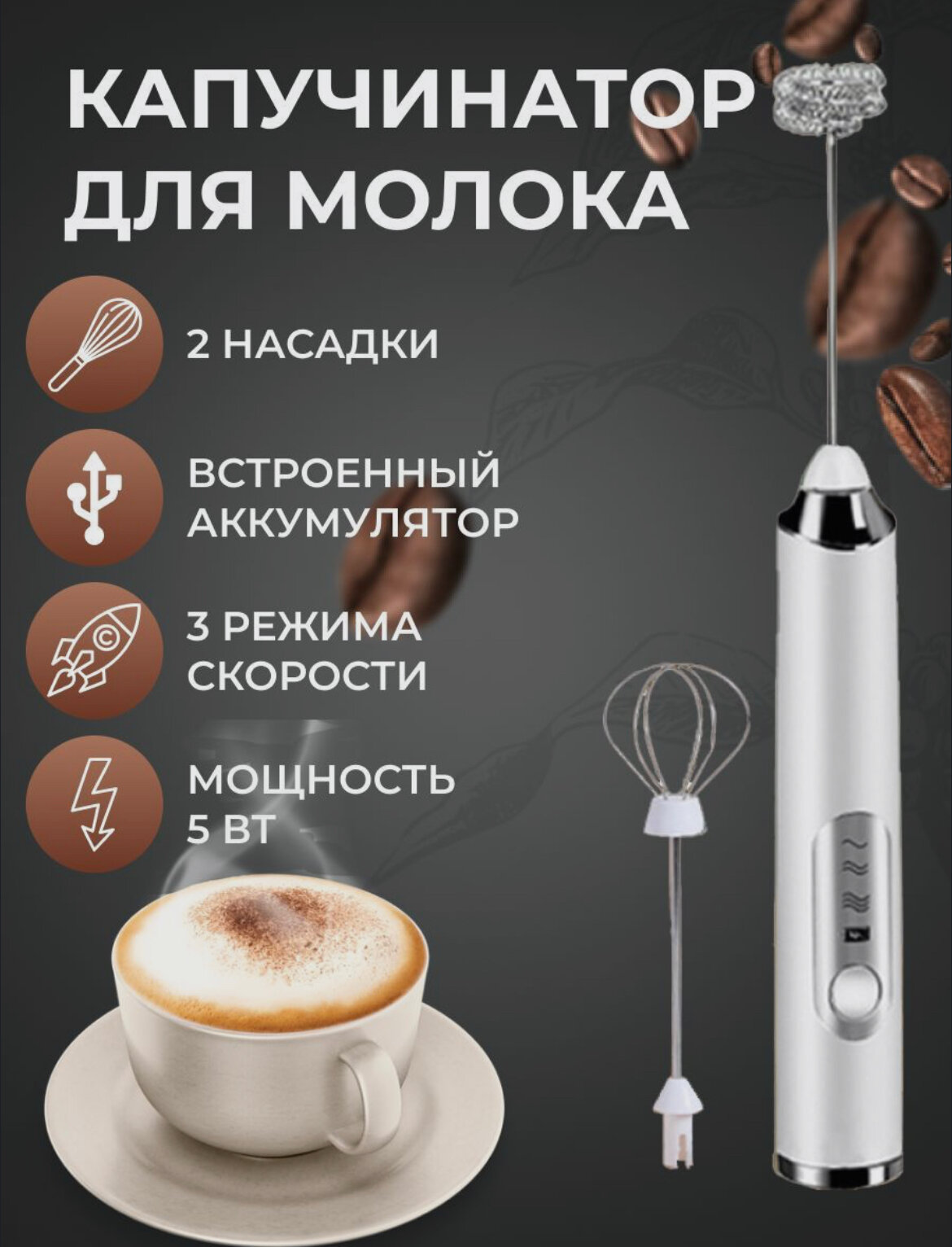 фото Капучинатор вспениватель для молока 2в1 / 3 режима скорости, 2 насадки, встроенный аккумулятор, 5Вт