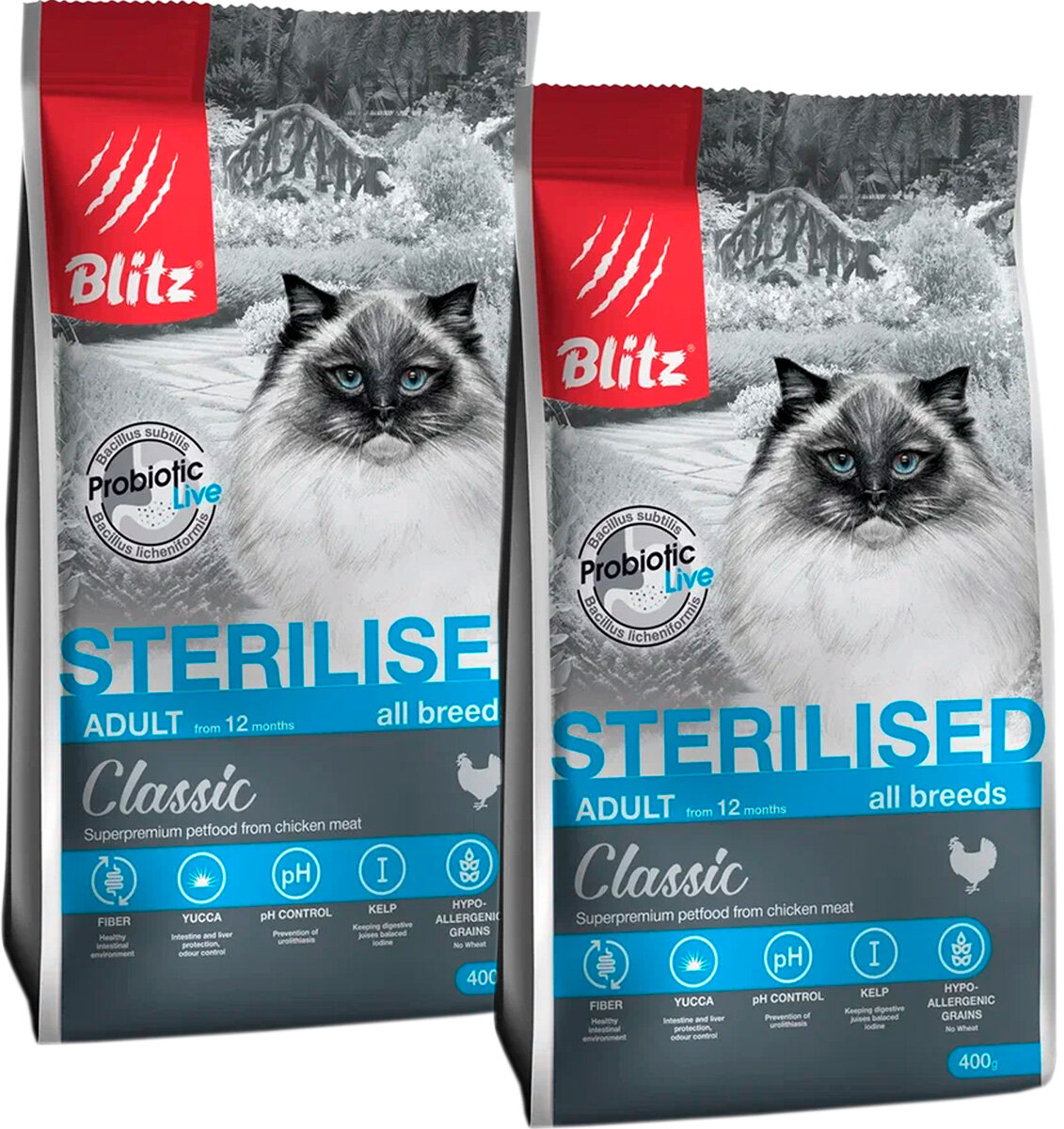 BLITZ CLASSIC ADULT CAT STERILISED CHICKEN для взрослых кастрированных котов и стерилизованных кошек с курицей (0,4 + 0,4 кг)