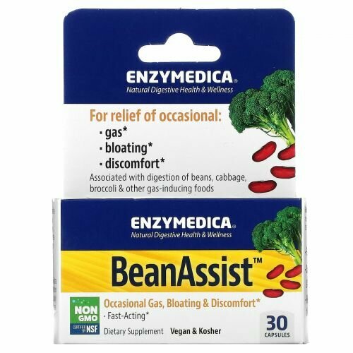 Картинки Enzymedica, BeanAssist, Ферменты от вздутия живота, 30 капсул