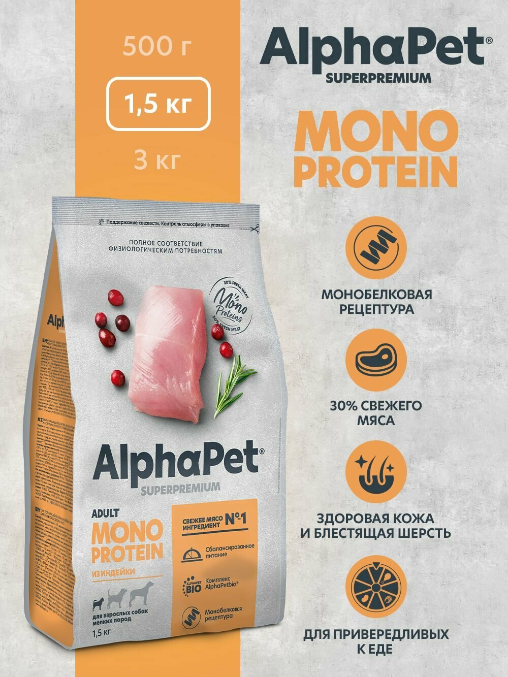 Сухой корм из индейки для взрослых собак мелких пород AlphaPet Superpremium MONOPROTEIN 1,5 кг