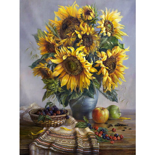 Набор для вышивки крестом 40х50 Деревенский натюрморт. Букет подсолнухов и ягоды. Осенние цветы. Яблоки.