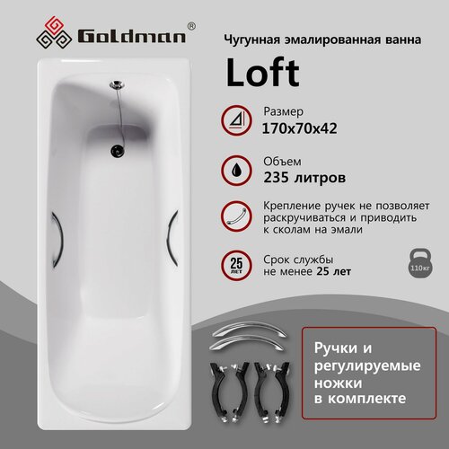 Чугунная ванна Goldman Loft 170x70x42 с ручками