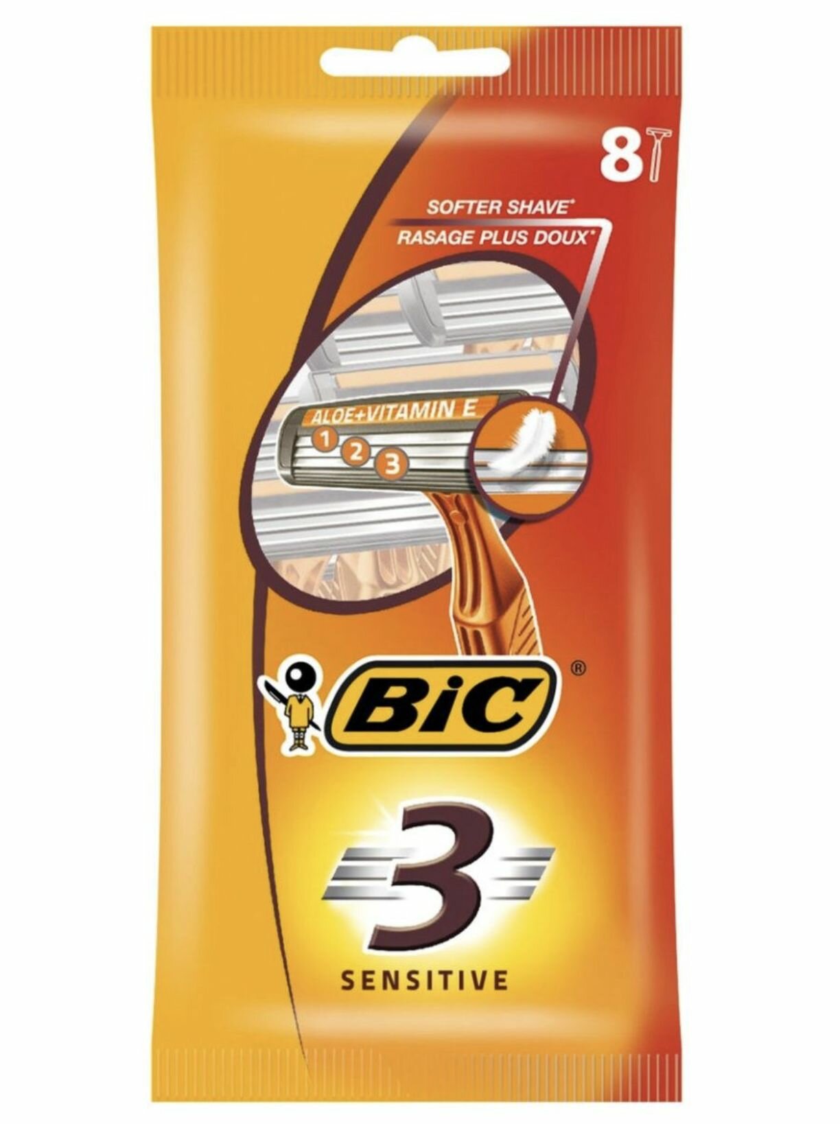 Одноразовый бритвенный станок Bic 3 Sensitive, оранжевый, 8 шт.