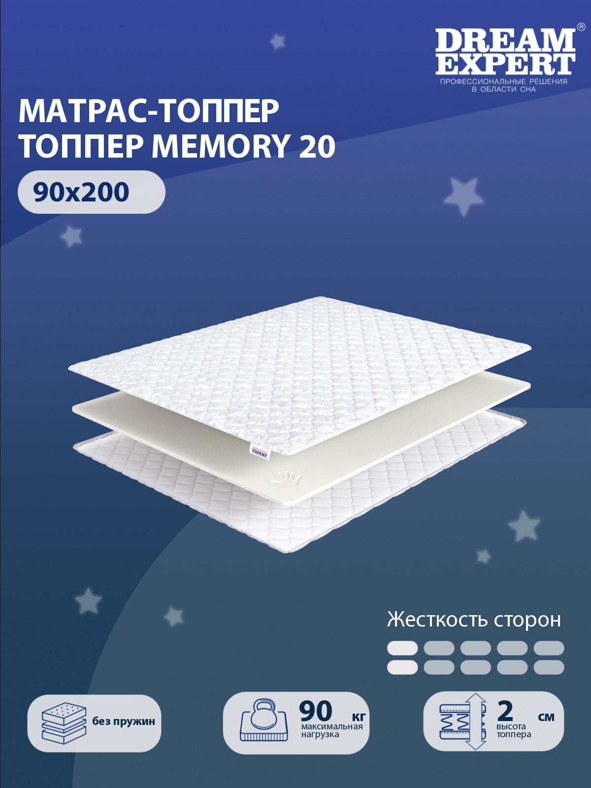 Матрас-топпер, Топпер-наматрасник DreamExpert Memory 20 на диван, тонкий матрас, на резинке, Беспружинный, хлопковый, на кровать 90x200