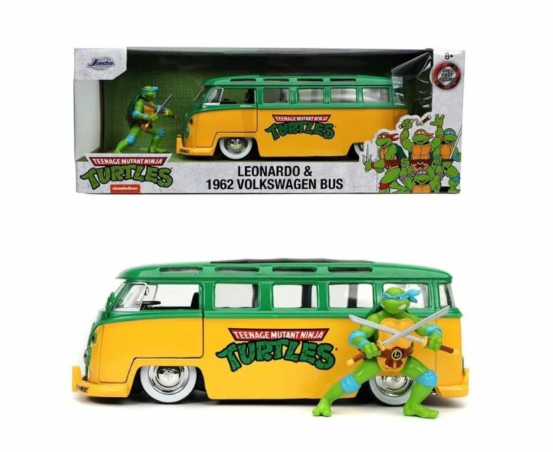 Коллекционная модель JADA. Teenage Mutant Ninja Turtles 1962 Volkswagen Bus. Масштаб 1:24. (Автобус Черепашек-ниндзя + фигурка Леонардо)