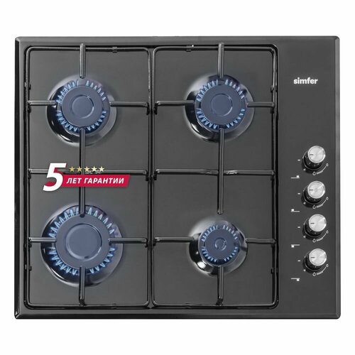 Газовая варочная панель Simfer 60см электроподжиг эмалированная сталь комплект жиклеров для баллонного газа 5 лет гарантии черный 1297000₽