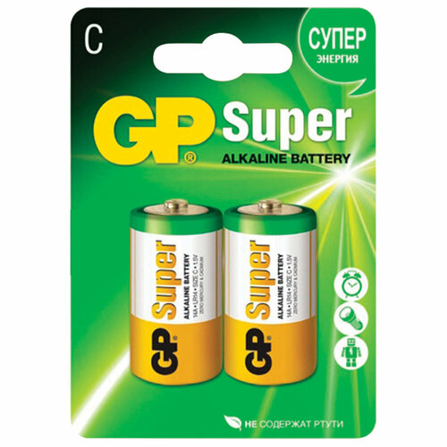 Батарейки GP Super, С (LR14, 14А), алкалиновые, комплект 2 шт, блистер, 14A-2CR2 упаковка 2 шт. батарейки duracell basic с lr14 14а алкалиновые комплект 2 шт блистер комплект 1 шт