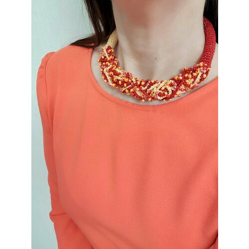 Колье, бисер, длина 43 см, красный, оранжевый