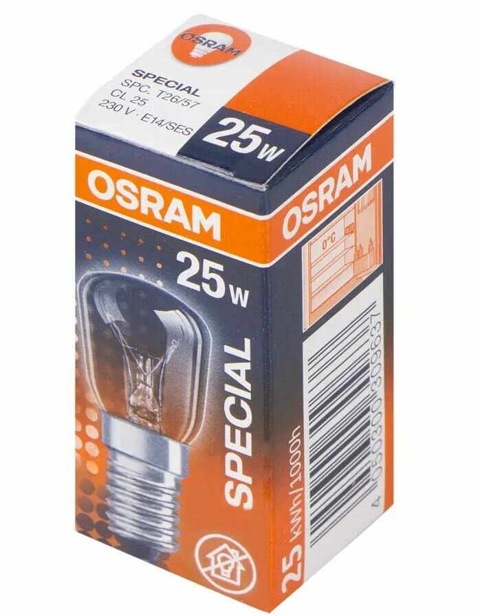 фото Лампа для холодильника 25W 220-240V E14 T26 2700К Угол 360 град. D-26mm L-57mm Прозрачное Стекло Свет Теплый белый. OSRAM Лампа накаливания для холодильников, вытяжек и швейных машин, уп. 1шт