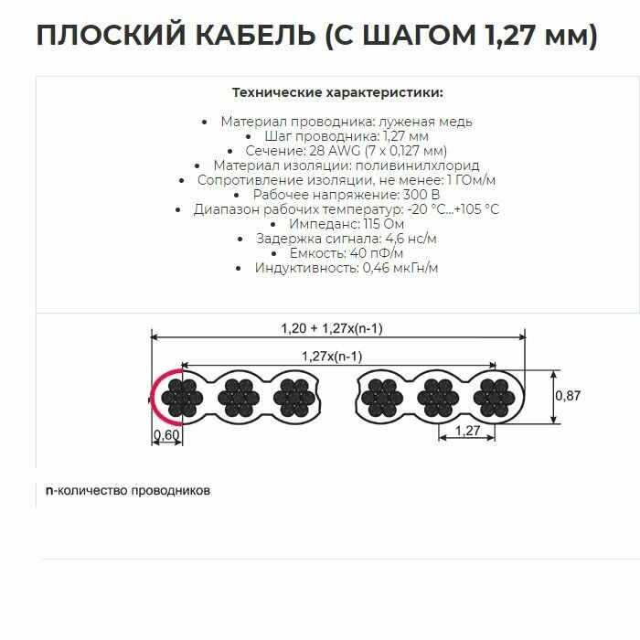 Шлейф RCA-10 pin 28AWG(7x0.127мм) шаг 1.27 мм / 1 метр (аналог RC-10/ FRC-10) — фото 1
