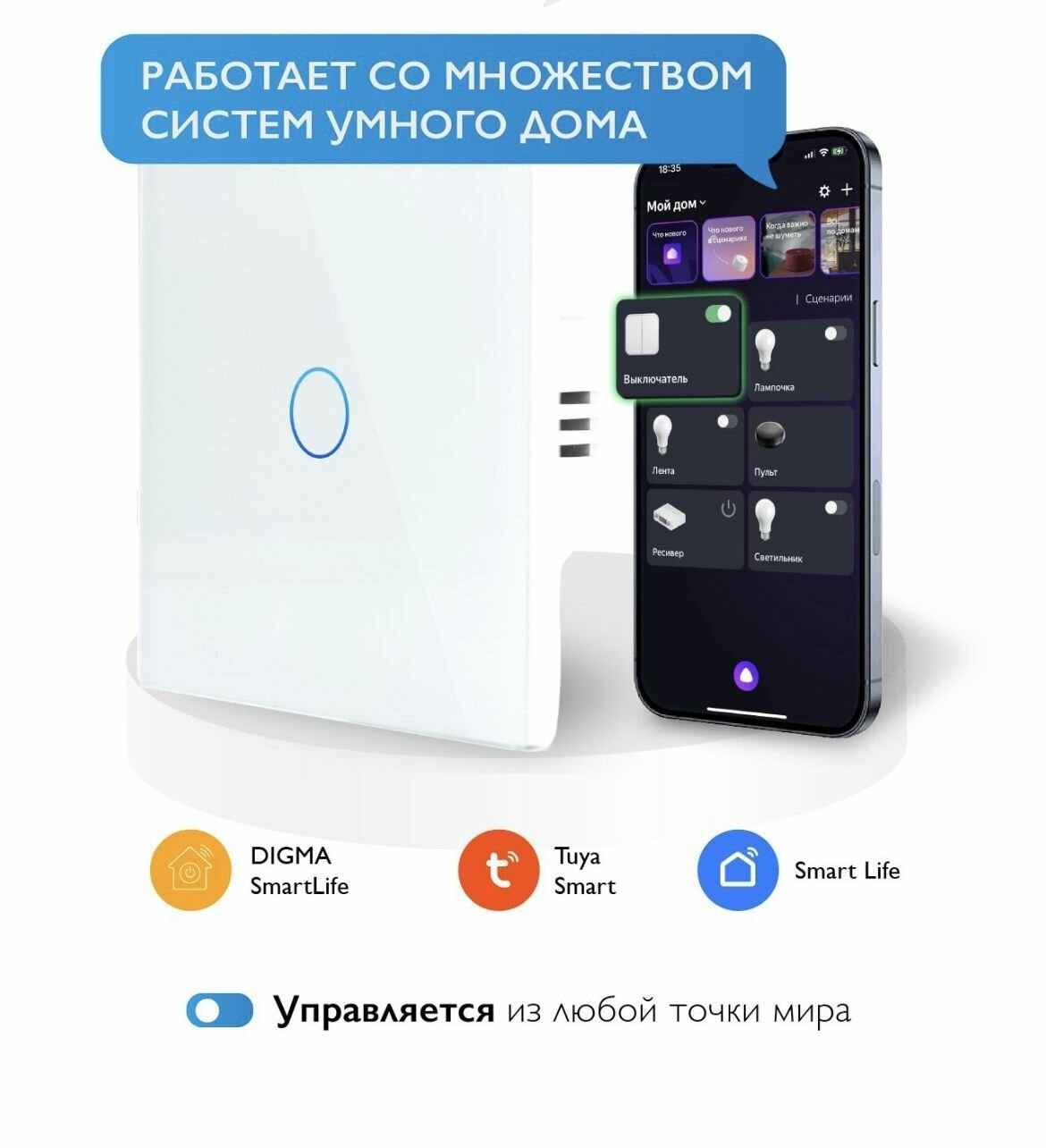 Умный сенсорный выключатель света Wi-Fi с Алисой Яндекс 2в1 без нуля и С нулем на 1 группу света 1000w белый / Умный дом — фото 1