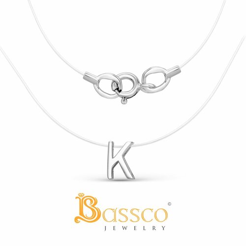Колье Bassco BASSCO, Серебряное колье на леске, буква К,серебро родированное 925, колье невидимка., серебро, 925 проба, родирование, длина 38 см., бесцветный