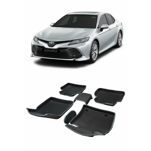 Ева коврики Toyota Camry VIII XV70 нижняя педаль ПРЕСС борта / Ева ЭВА ромб / цвет Черный c черной окантовкой / EVA Smart / коврики с бортиком в салон