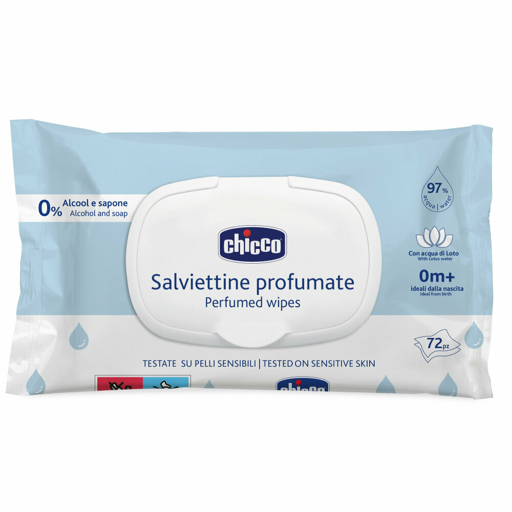 Влажные салфетки детские Chicco с клапаном, с экстрактом лотоса, 72 шт, 0+
