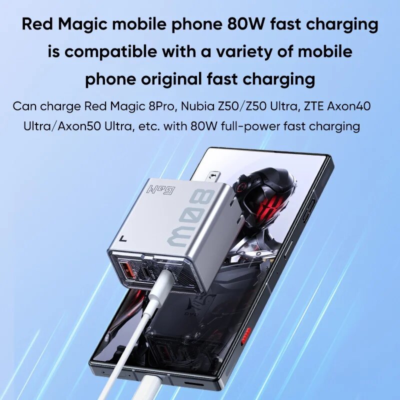 Трехпортовое зарядное устройство Nubia Redmagic DAO 80 Вт, правила США, кабель USB-A/C1/C2 100 Вт для ZTE Axon 40 Ultra Space edition, 80W EU Charger — фото 1