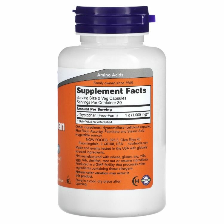 Изображение Now Foods, Аминокислота L-Tryptophan, L-Триптофан, 500 мг, 60 капсул