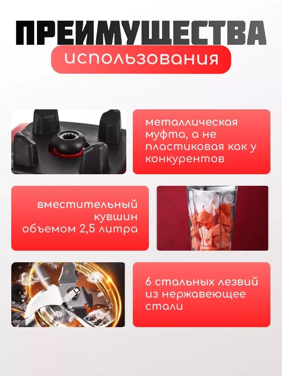 Блендер домашний/стационарный/измельчитель льда/для смузи/,5800 Вт, кувшин 2.5 литра, импульсный режим,3 скорости работы, серебристый — фото 1