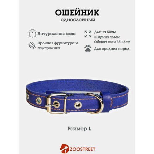 Ошейник для собак средних пород кожаный, однослойный, 25мм, 50см, с подпряжником L