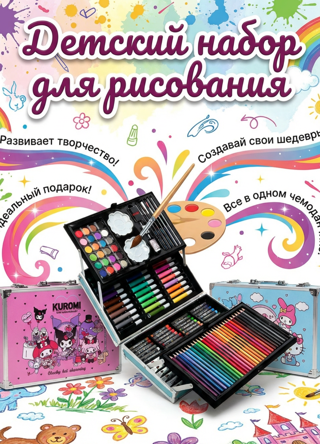 Набор для рисования и творчества: маркеры, фломастеры, краски, в подарочном кейсе