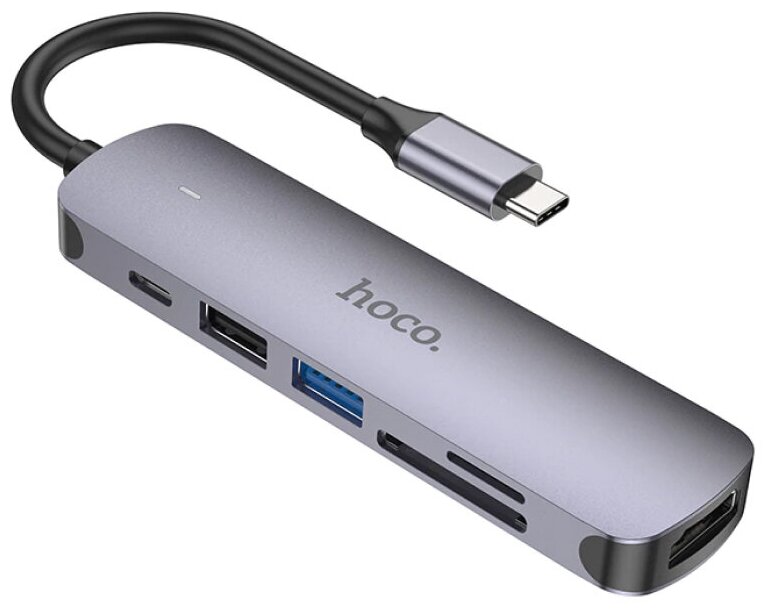 Хаб 6 в 1 HOCO HB28 USB 2.0, 1 USB 3.0, Type-C, Card Reader SD, Micro SD, HDMI серый металл