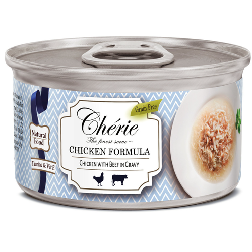Консервы/влажный корм для взрослых кошек Pettric Cherie Shredded Chicken with Beef Entrees in Gravy/Рубленная курица с говядиной в подливке, (80 гр*12 шт)