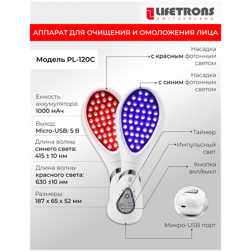 Lifetrons PL-120CS-WH1 Аппарат для ухода за кожей светотерапия красный / синий цвет, лечение акне, уменьшение рубцов, воспалений, регенерация