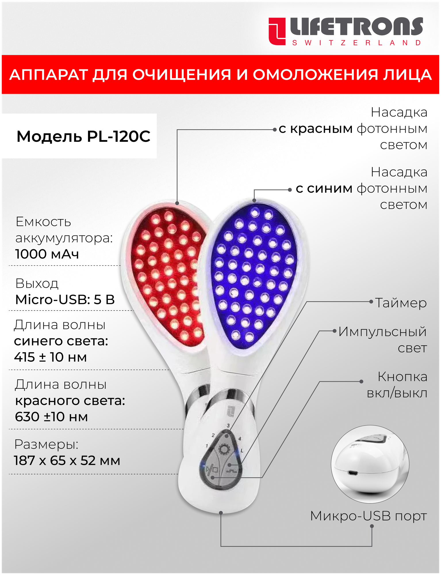 Lifetrons Аппарат для ухода за кожей светотерапия красный и синий цвет, лечение акне, уменьшение рубцов, уменьшение воспалений регенерация