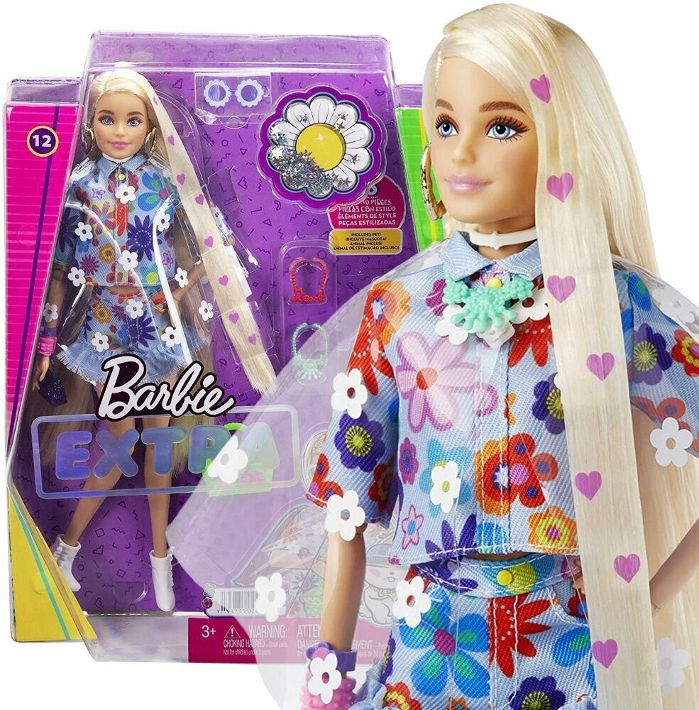 Кукла Барби Экстра - Блондинка с сердечками (Barbie Extra Doll #12 in Floral 2-Piece Fashion & Accessories, with Pet Bunny, Extra-Long Blonde Hair with Heart Icons)